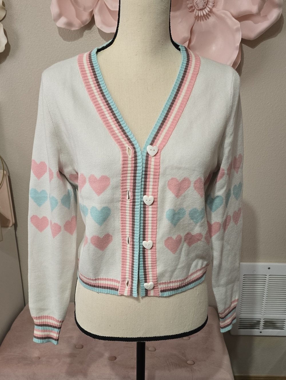 Women's White Cardigan Sweater with Pink & Light Blue Hearts